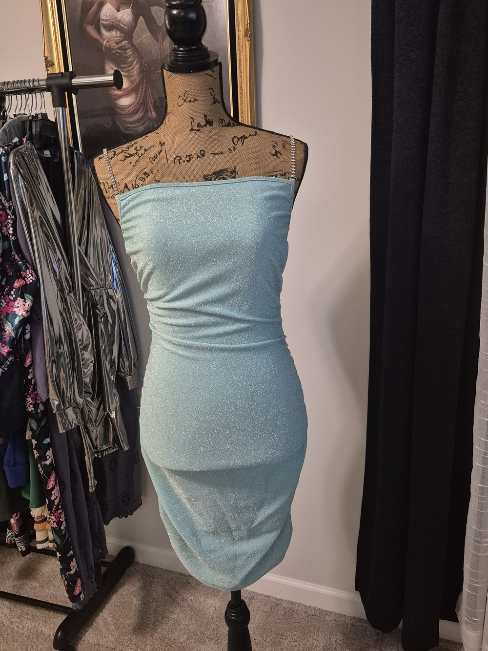 & Other Stories Shimmery Light Blue Strapless Bodycon Dress